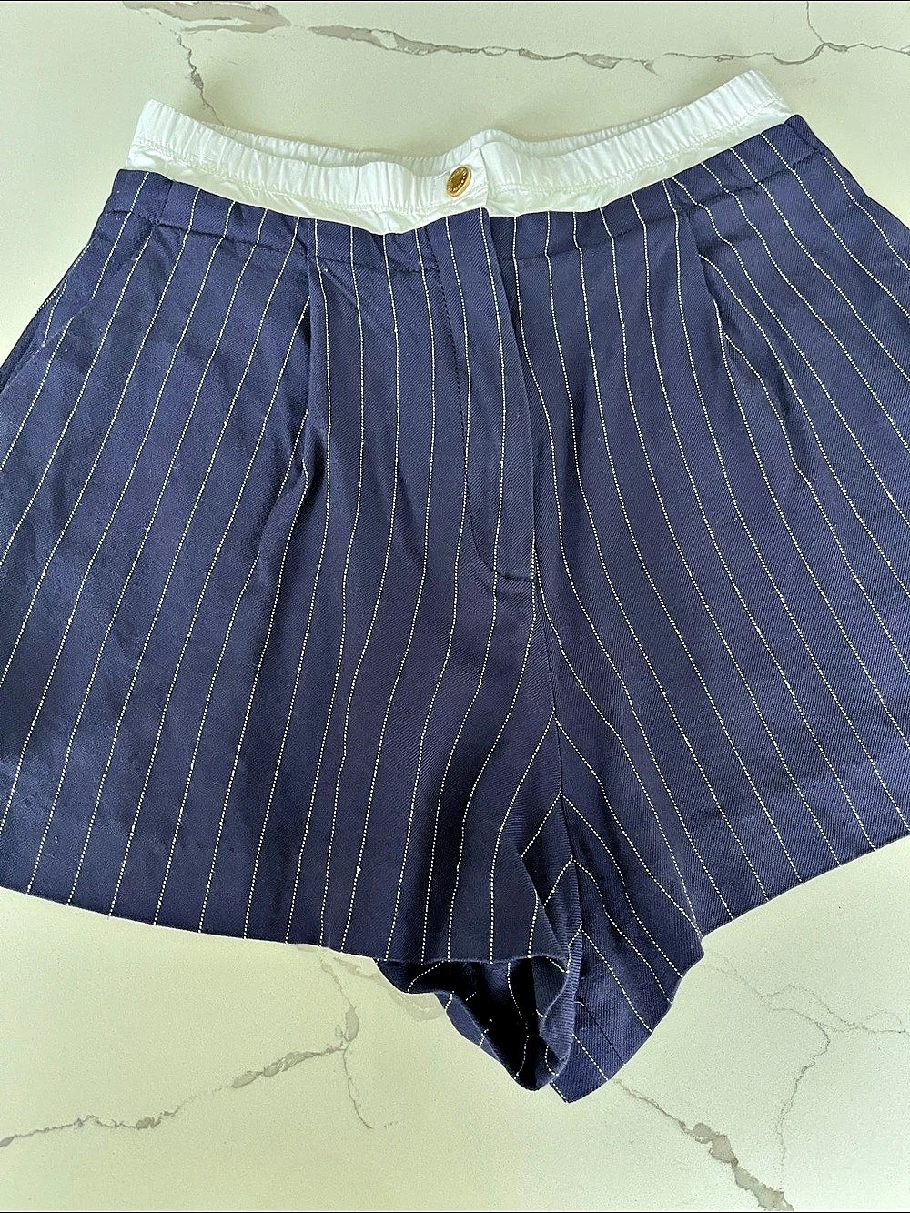 Sandro Marie Pinstriped Shorts with Contrasting Illusion Effect Waistband High